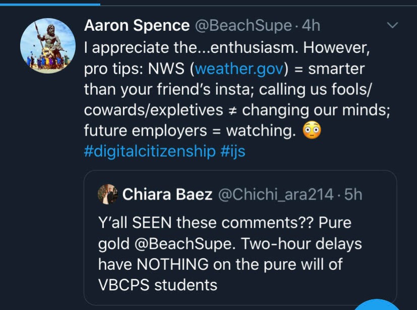 Superintendent Spences quote of a Tallwood sophomores Tweet concerning the amount of replies on @vbschools Twitter announcement about the 2 hour delay on Friday, February 21.  