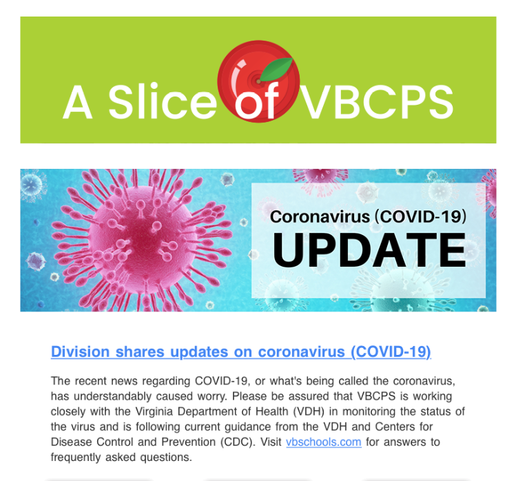 The most recent newsletter, issued on February 28 by VBCPS, regarding the Coronavirus.