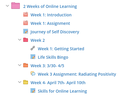 A screenshot showing the work assigned by Guckert. Each assignment is a mix of English and life skills.