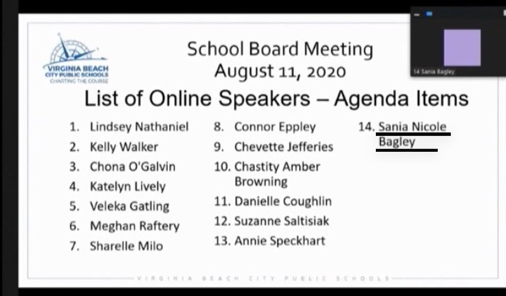 Sania Nicole Bagley speaking about racial issues and the equity policy via Google Zoom during the School Board Meeting held on August 11, 2020.